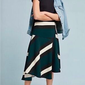 Anthropologie Ava Franco Asymmetrical Green, Black and White Striped Skirt